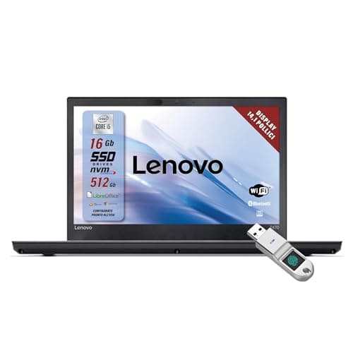Lenovo, Thinkpad Pc portatile Intel Core i5-6Th, Ram 16 Gb, SSD 512 Gb, Pronto all'uso con Pacchetto Libre, Display HD da 14", W10 e Chiavetta USB Fingerprint (Ricondizionato)