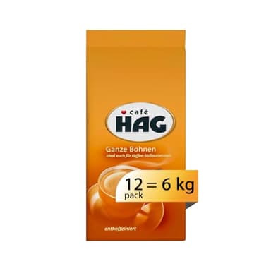 Caffè HAG - Caffè in Grani Decaffeinato per Macchina Espresso o Moka - 12 confezioni da 500 gr (totale 6 Kg)