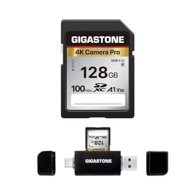 GIGASTONE Scheda SD da 128 GB con lettore di schede USB tipo C V30 SDXC Scheda di memoria ad alta velocità 4K Ultra HD UHD Video compatibile con fotocamera digitale Canon, Nikon, Sony, Panasonic