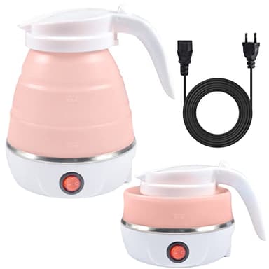 Funmo Bollitore pieghevole da 600 ml, bollitore elettrico in silicone con fondo in acciaio inox, mini bollitore portatile da viaggio per campeggio, viaggi, vacanze (rosa)