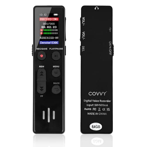 COVVY Registratore Vocale Digitale da 64 GB, Attivato, Portatile con Riproduzione, HD per Interviste/Lezioni/Riunioni