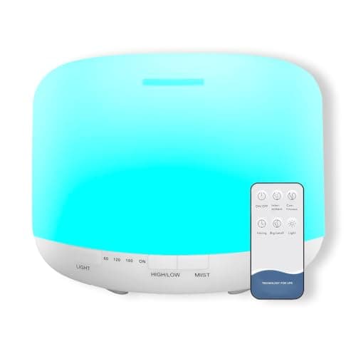 Diffusore di Oli Essenziali 500ml con 7 LED Colorati, Umidificatore e Purificatore d’Aria, Funzione Aromaterapia, Completo di Telecomando e Misurino