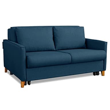 EVERGREENWEB - Divano Letto 2 posti colore Blu con letto estraibile e spalliera reclinabile, Divano di design Moderno zampe di legno e cuscini omaggio, Braccioli Slim, Materasso 140x190 - Margot