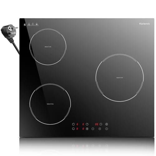 Karienvir Piano cottura induzione 3 fuochi, 60cm Piano Cottura Induzione Integrata, 3500W, Piastra Induzione 220-240V con Spine,Controllo Tattile, Timer, Blocco Di sicurezza, Funzione Boost