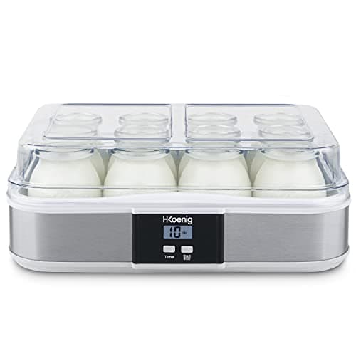 H.Koenig Yogurtiera 12 vasetti ELY120, Capacità 12 x 160 ml, Programmabile, Display LCD, Corpo in acciaio inox, Senza BPA, Lavabile in lavastoviglie, Spegnimento automatico, Potenza 21,5 W