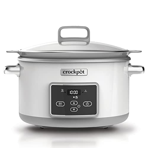 Crock-pot Pentola per Cottura Lenta, Slow Cooker, 5 lt, fino a 6 Persone, Spegnimento Automatico, DuraCeramic, Sauté per Rosolare su Gas e Induzione, 2 Impostazioni Cottura e Warm automatico, Bianco