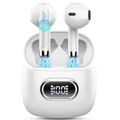 Cuffie Bluetooth 5.4, Auricolari Bluetooth Stereo HiFi con 4 ENC Mic, Cuffie Wireless Ricarica USB-C, Cuffie Senza Fili 42H LED Display, In Ear Cuffiette IP7 Impermeabili per Androide/iOS Bianco