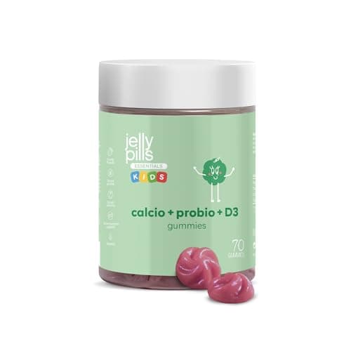 Jelly Pills® Gummies Bambini Calcio e Probiotici con Vit D3 e K2 Bambini - 70 Gummies vegane al gusto di fragola per ossa, muscoli e denti - 1 miliardo di CFU - Senza zuccheri aggiunti - 2 mesi
