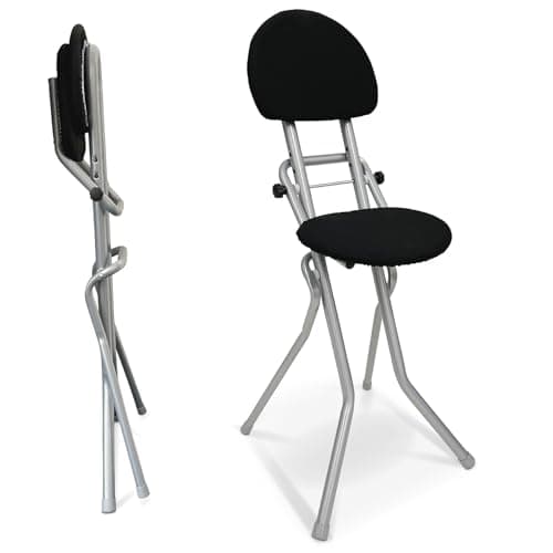 ELONEO Sedia Pieghevole Imbottita - Antiscivolo e Salvaspazio, Sgabello per Stirare, Cucinare o Giardinaggio, 3 Altezze Regolabili (58-65cm), Portata 120kg, Dimensioni 45x98x47cm (Argento)