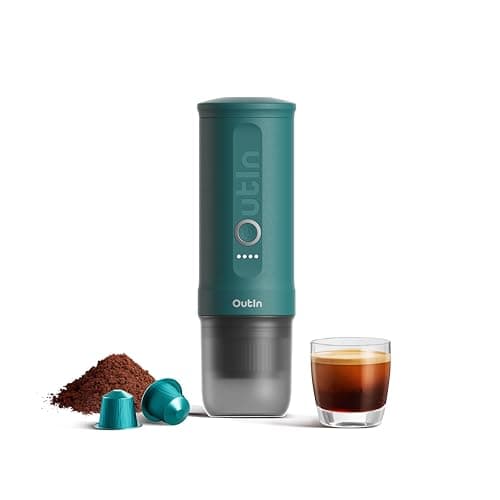 OutIn Nano Macchina da caffè espresso elettrica portatile, caffettiera da viaggio per il campeggio, caffettiera da auto auto-riscaldamento con USB-C, con caffè macinato e capsula NS