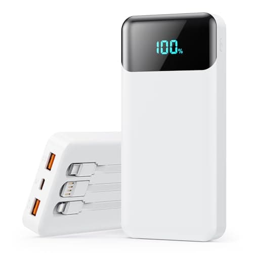 Power Bank 26800mAh, Powerbank con Cavi Integrati 25W PD Ricarica Rapida Caricatore USB C Portatile con 5 Uscite & 2 Ingressi Batteria Esterna con LCD Display per iPhone 16/15, Samsung ect (Bianco)