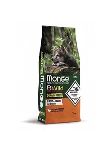 Monge BWILD PUPPY DUCK AND POTATOES, cibo per cani per tutte le razze (cibo per cuccioli, cibo secco con anatra e patate, a basso contenuto di cereali, contenuto: 12 kg)