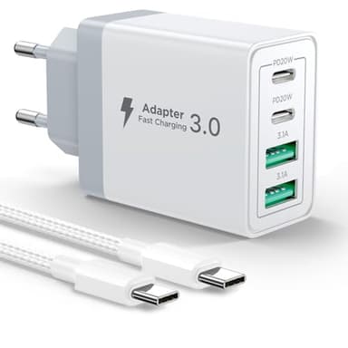 Caricatore USB C Rapido Caricabatterie 40W 4Porto Presa Caricatore USB Multiplo Carica Cellulare Spina Adattatore Alimentatore con 2M Cavo USB C per iPhone 16 15 14 13 12 Pro Max Plus Samsung S24 S23
