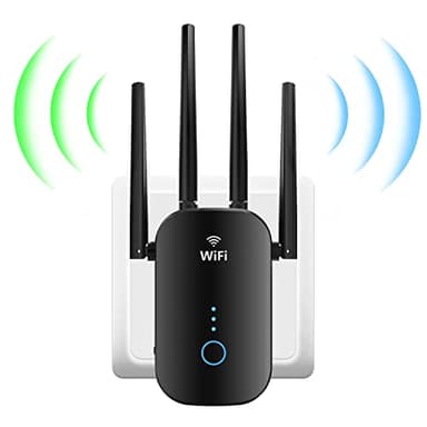 1200 Mbit/s Ripetitore WiFi (5GHz e 2.4GHz) Dual-Band Amplificatore WiFi Potente con 4 High Gain Antenna, Porta Ethernet, Wi-Fi Extender Supporta Modalità Ripetitore/Router/AP, EU Plug