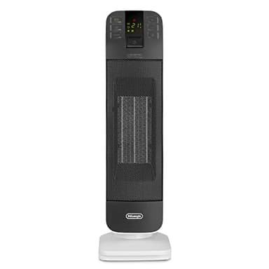 De'Longhi HFX65V20 Termoventilatore a Torre, Tecnologia Ceramica, Silenzioso, 2 Livelli di Potenza, TIMER 24H, Funzione Eco-Energy, Luce, Anti-ribaltamento, Leggero, Bianco/Grigio