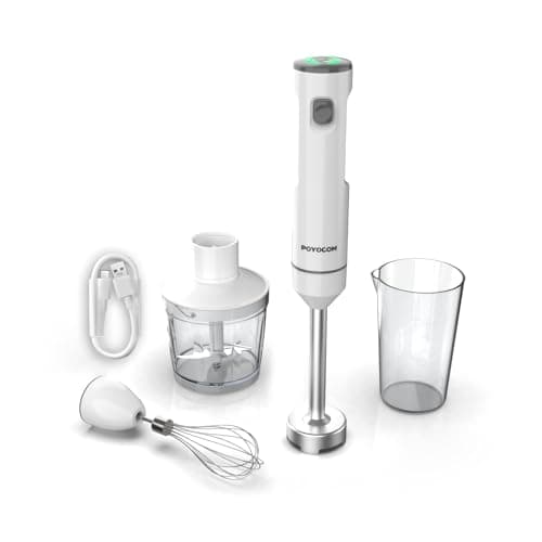 Frullatore a immersione senza fili, POYOCOM minipimer ricaricabile, con cavo Type-C, frusta, tritatutto da 500 ml, contenitore da 600 ml per frullati, salse, pappe e zuppe - Bianco