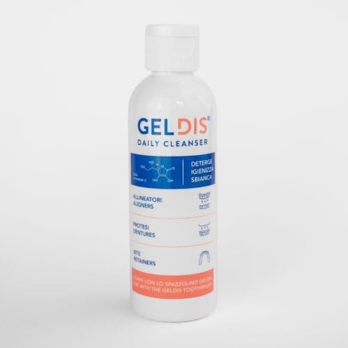 GELDIS® Daily Cleanser - Geldis Gel Detergente Igienizzante e Sbiancante per l’igiene quotidiana di Mascherine Trasparenti Apparecchi Ortodontici Protesi Dentarie e Bite (100 ml 1 pezzo)