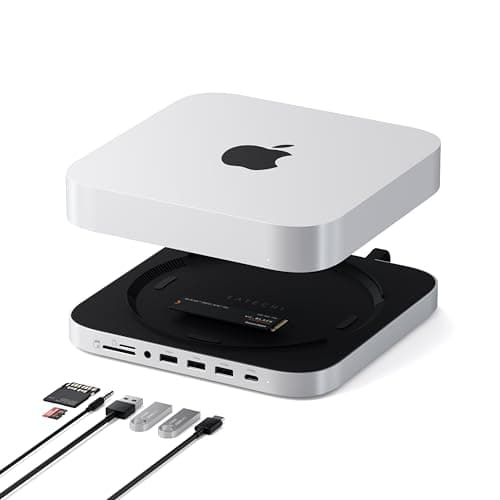 SATECHI Mac Mini Hub & Stand con alloggiamento SSD per NVME/SATA M.2,Mac Mini Dock con USB C 10 Gbps, 3 USB A 5/10 Gbps, jack audio 2.0, per Mac Studio,Mac Mini M2/M1(non compatibile con M4)- Argento