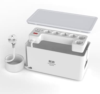 BEVA Multipresa con Scatola Porta Cavi, Ciabatta Multipresa (3680W 16A), Presa con 3 USB-A e 1 USB-C, Ciabatta Elettrica con Protezione Sovratensione, Cavo da 2 m, Bianco