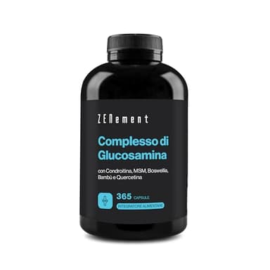 Glucosamina con Condroitina, MSM, Boswellia, Bambù e Quercetina, 365 Capsule (Fornitura per 1 Anno) - Alto Dosaggio - Glucosamina Complex Senza Glutine e Lattosio - Zenement