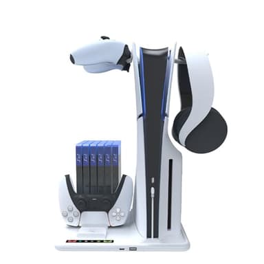 Stazione di raffreddamento per PS5 Slim, con doppio controller PS5 stazione di ricarica, per Playstation 5 Slim Console con 6 slot per dischi di gioco, con 2 ganci per cuffie