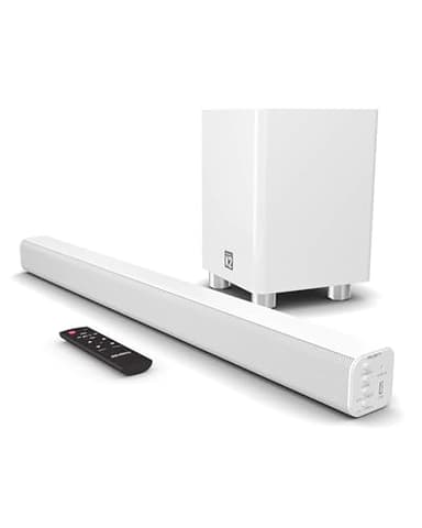 Majority 150W Barra Soundbar | 2.1 Home Theater Wireless | Sound Bar per TV con Suono 3D | Casse TV con Arco HDMI, Bluetooth, RCA e Connessione Ottica | Riproduzione USB e AUX K2 Bianco