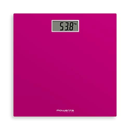 Rowenta Premiss 2 Bilancia Pesapersone Digitale, Vetro Temperato, Graduazione di Precisione Ogni 100g, Funzioni Intelligenti, Ampio Display, Batteria Inclusa, Fucsia, 30x30cm