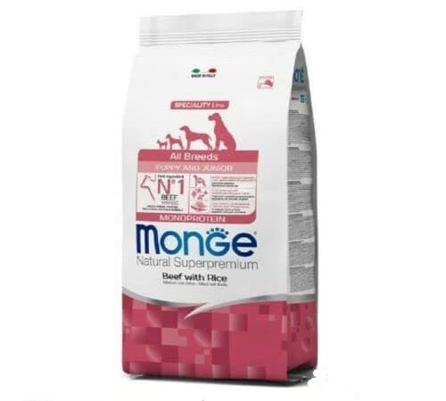 MONGE CANE CROCCHETTA ALL BREEDS PUPPY & JUNIOR MANZO E RISO 12 KG