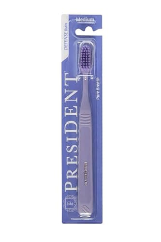 President SPAZZOLINO DEFENSE con setole medie, sottili, flessibili. Azione Delicata, ma efficace, su Denti e Gengive. Manico Ergonomico, Viola