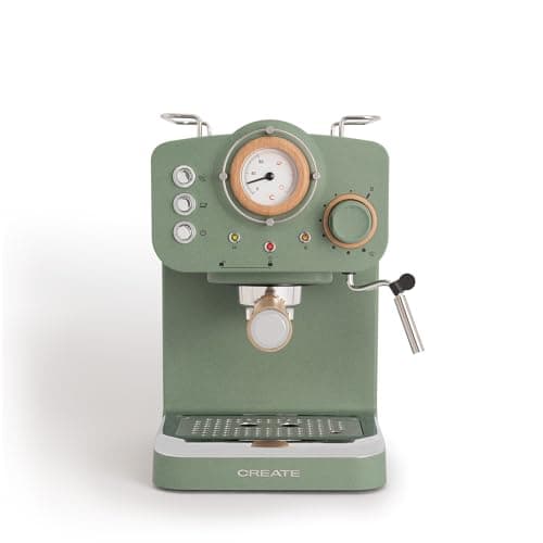 CREATE / THERA RETRO/Caffettiera Express Semiautomatica Verde Sage Opaco e Legno / 20 bar, braccio doppia uscita, serbatoio 1,25L, caffè macinato e cialde ESE 55 mm, con vaporizzatore, 1100 W