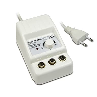 Metronic - 332177, Amplificatore antenna TV da interno per canali TDT, compatibile 4G/5G, 26 dB, 2 uscite con presa TV 9,52 mm, bianco