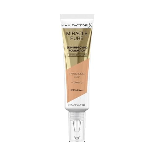 Max Factor Miracle Pure Fondotinta Liquido Idratante, con l' 89% di Ingredienti di Origine Naturale, Vitamina C, Acido Ialuronico e SPF 30, 50 Natural Rose