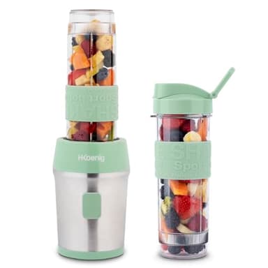 H.Koenig Mini Frullatore per SMOOTHIE Compatto 570mL SMOO18 Senza BPA Potente 300W, Frullatore per smoothie e frullati 2 Bottiglie Portatili con coperchio, 4 Lame in acciaio Inox, Verde pastello