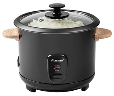Bestron Cuociriso con manici in legno, per 8-10 persone, incl. misurino e cucchiaio di riso, con funzione di riscaldamento, capacità 1,8 litri, 700 Watt, colore: nero