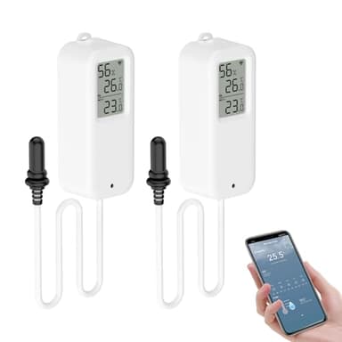 eMylo Sensore Temperatura Wifi, Igrometro Digitale Interno ed Esterno con Sonda Esterna, Termometro Frigorifero Meter App Monitor, Baby Room Termometro per Frigorifero, Acquario, 2 Pack con Schermo