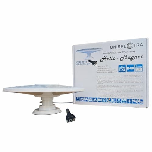 HELIO – Magnet Antenna Digitale omnidirezionale amplificata HD TV Antenna ad alta guadagno 33dB. DVB-T2 UHF FM DAB. 12V / 24V / 5V USB. Ideale per camper camper roulotte barca di Unispectra®