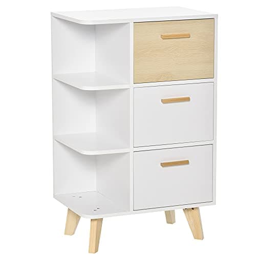 HOMCOM Mobiletto Multiuso con 3 Ripiani Aperti e Cassetti, Mobile per Soggiorno, Cucina, Ufficio in Legno Bianco, 60x40x100cm