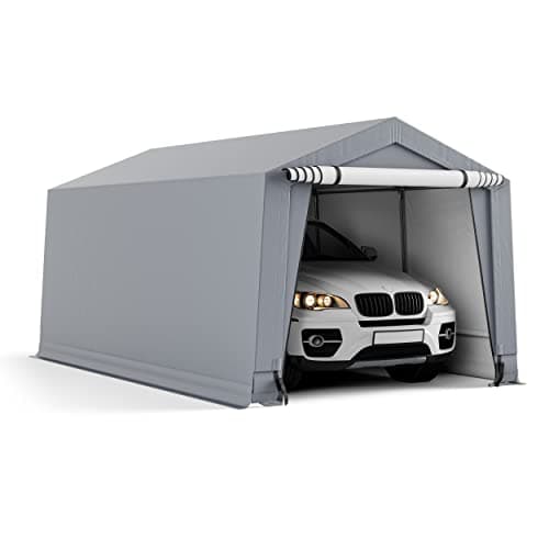 COSTWAY Tendone Garage 2,9 x 4,9 m, Telaio in Acciaio Zincato, Travi Triangolari Rinforzate, per Auto, Moto, Biciclette, Carico e Evento all'aperto, Grigio