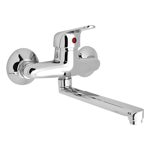 Ogomondo Miscelatore Rubinetto A Muro per Lavello Cucina Erogazione Orientabile Cromato Lucido a Specchio Canna Regolabile Monocomando Completo di Guarnizioni