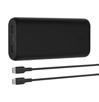 Belkin BoostCharge Power bank 20000 mAh compatta con 3 porte e PD 20W, caricatore portatile per iPhone 15, 14, 13, AirPods, Samsung Galaxy, Pixel ecc, design ideale per i viaggi, cavo da USB-C a USB-C