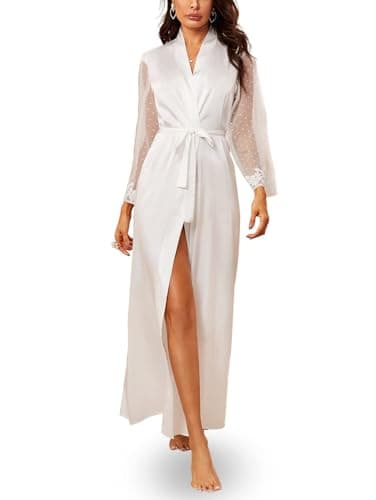 ROSVAJFY Vestaglia Kimono Donna Raso Lungo Donna Sexy Kimono Abito da Nott Seta Accappatoio da Sposa Damigella d'Onore Pizzo Vestaglia Lingerie Camicia da Notte con Cintura (Bianco)