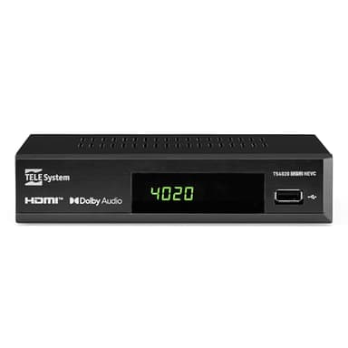 Tele System Decoder TS4020 con doppio tuner DVB-T/T2 e DVB-S/S2 HEVC HD HDR10 HLG. Accedi a TV e radio free to air, terrestri e satellitari. Lettore multimediale USB per musica, foto e video su TV.