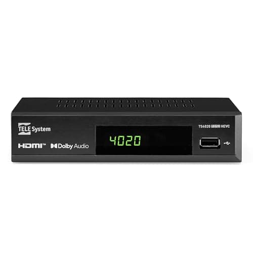 Tele System Decoder TS4020 con doppio tuner DVB-T/T2 e DVB-S/S2 HEVC HD HDR10 HLG. Accedi a TV e radio free to air, terrestri e satellitari. Lettore multimediale USB per musica, foto e video su TV.