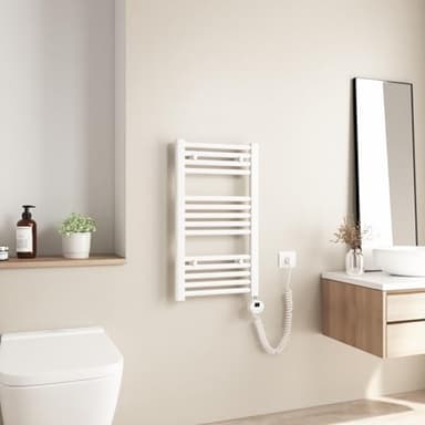 Heilmetz Scaldasalviette Elettrico Bagno 700x400mm, Termoarredo Elettrico Bagno con Temperatura Regolabile, Termostato Intelligente, Radiatore Elettrico Basso Consumo da Parete Verticale, Bianco
