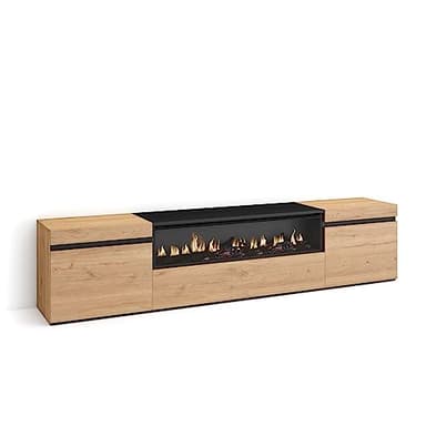Skraut Home | Mobile TV Soggiorno | Ampio spazio a disposizione | 200x45x35cm | Per TV fino a 80" | Camino elettrico | Stile moderno | Rovere e nero