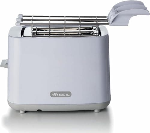 Ariete Tostapane Breakfast 147, Tostiera con 7 Livelli di Doratura, Espulsione Automatica, Vassoio Raccoglibriciole Estraibile, Pulsante Stop, Pinze in Acciaio Inox Incluse, 760W, Bianco