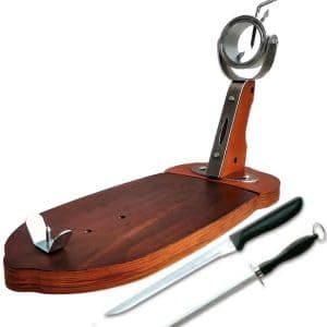 Porta Prosciutto Spagnolo Professionale Girevole in Legno + Coltello da Taglio Forgiato di Alta Precisione