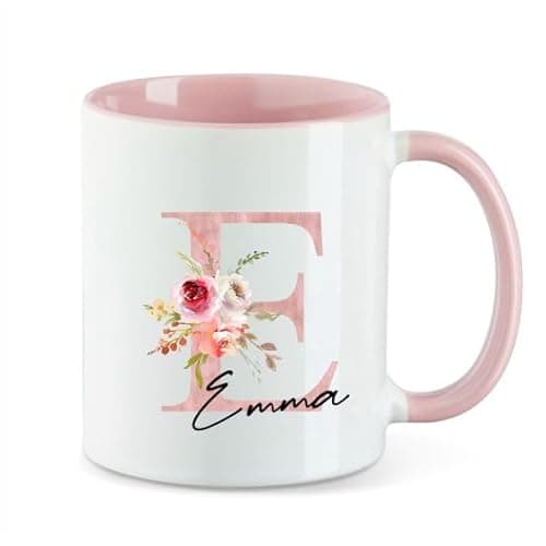 AWASG Tazza con fiori floreali lettera rosa – Personalizzata con nome, tazza da caffè ringraziamento regalo – ceramica 330 ml (rosa)