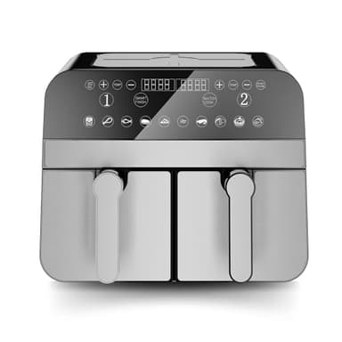 Comfy Nest, CNAFD45NS, Friggitrice ad aria calda, Friggitrice ad aria, doppio cestello digitale 2400W 9L in acciaio inox, cottura sana e veloce, ideale per i tuoi pasti in famiglia, 9L, argento