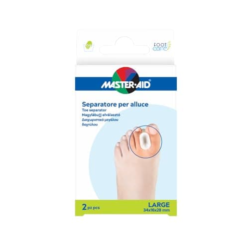 MASTER AID Footcare Alluce Valgo - Separatore Alluce - Separatore Dita Piede in Gel - Formato Large - 1 Confezione da 2 Pezzi - 34x16x28mm